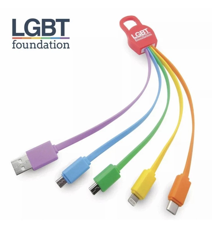 LGBT Foundation Universal USB Charge 5 in 1 Charging Cable, Multicoloured & Clip