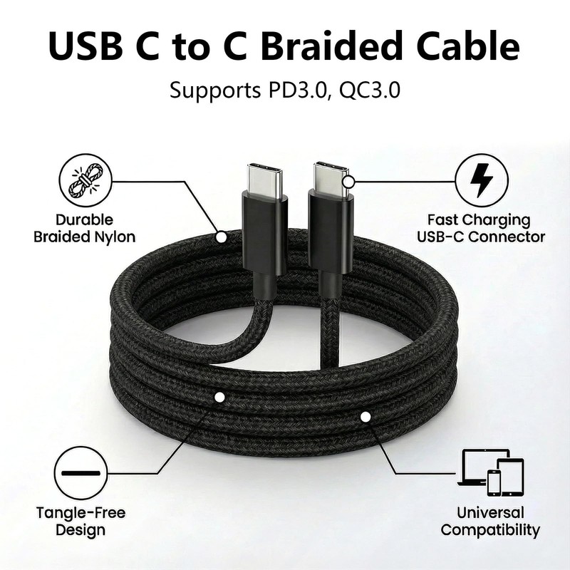 MAIWEIS USB C to C Charger Cable, 60W, 3FT, 2-Pack, Black 3FT+3FT, gallery
