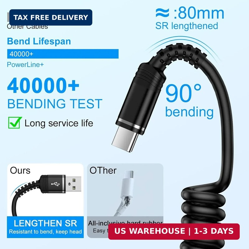 Fast Charger Cable Coiled USB C for Car 3FT Android Auto Type A to C gallery