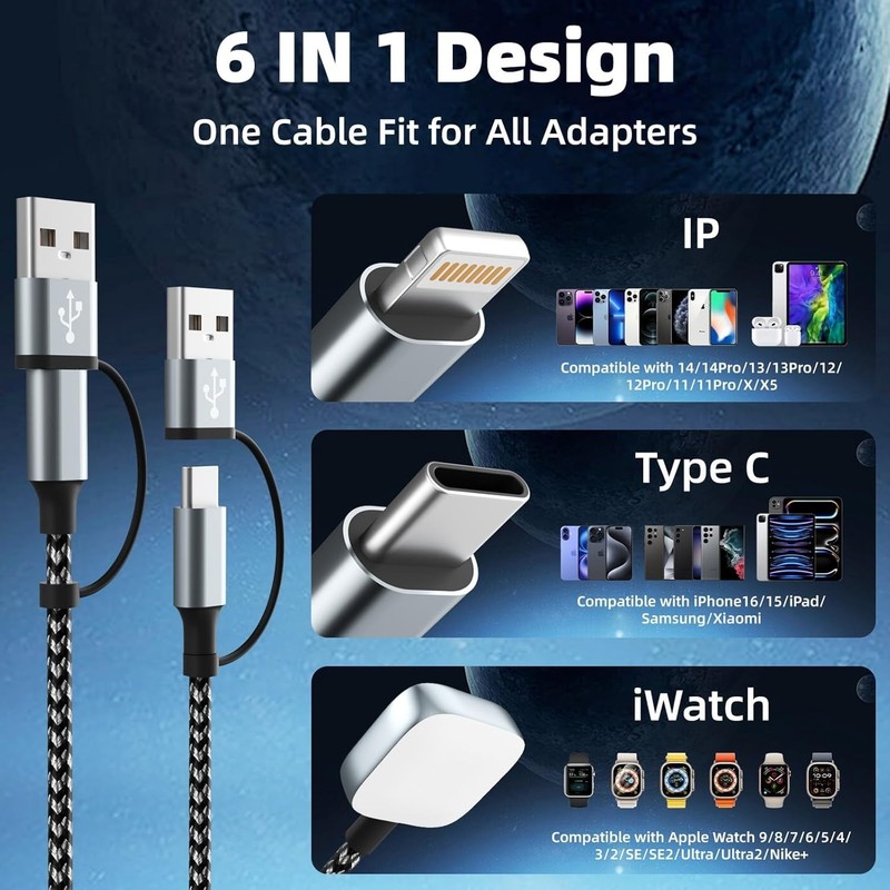 5FT 3-in-2 USB A/C Multi Charging Cable for iPhone, Watch, and Android Devices gallery