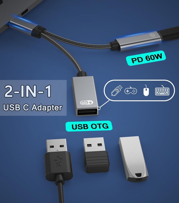 USB C to USB OTG Adapter, 2 in 1 USB C Splitter with PD 60W Charging Port and US gallery