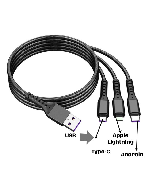 4ft USB 65W Braided Cable Multi-Function 3-IN-1 for Iphone + Type C + Micro USB! gallery