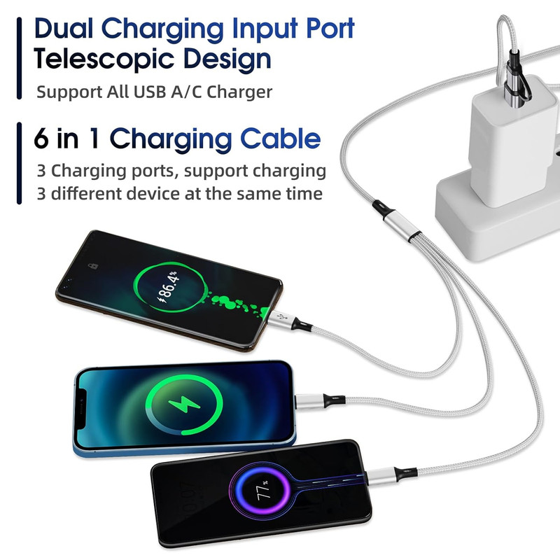 3 PCS 4FT 6 in 1 Multi Fast Charging Cable Nylon Braided Universal USB Cord gallery