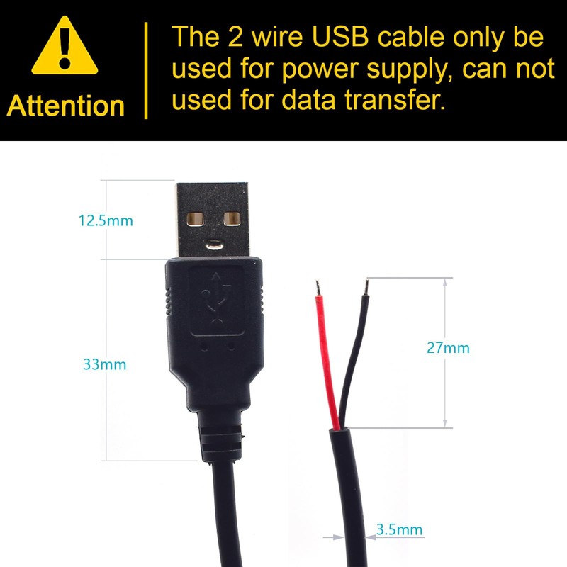 USB A Male Pigtail 2 Pin Bare Wire Power Extension Cable 5V 5A 1FT 3 PCS gallery