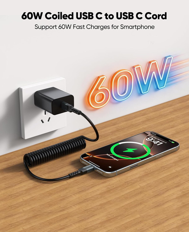 USB C to USB C Coiled Cable 60W Fast Charging Retractable Spiral Charger Cord gallery