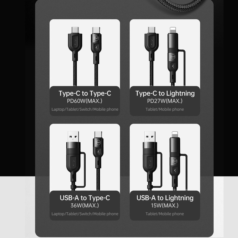 PD 60W Multi USB C QC Fast Charging Cable 4 in 1 USB C/USB A to USB C To iPhone gallery