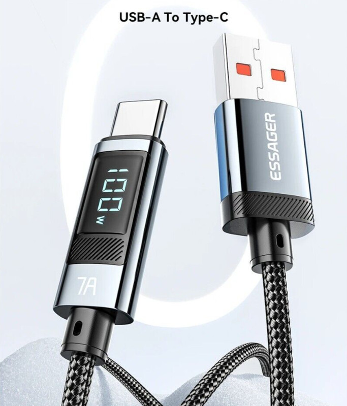 USB Type A Type C 100W 7A Fast Charge Data Cable with Digital LED Power Display