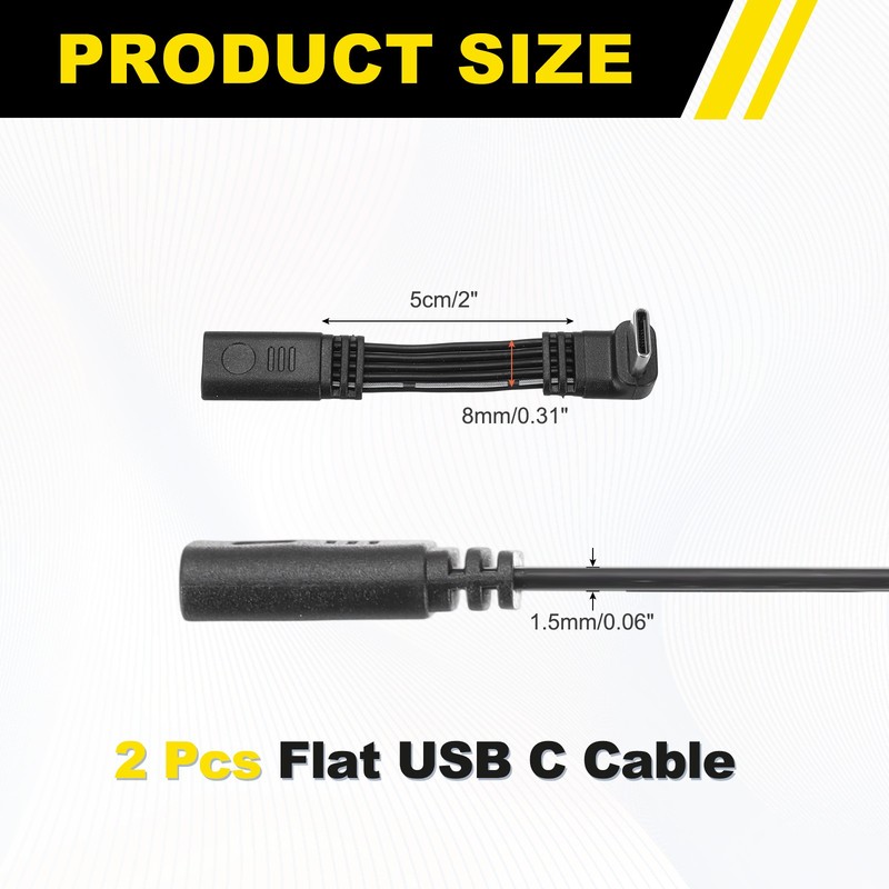 2Pcs Flat USB-C Extension Cable 2 Inch 90 Degree Male - Female Adapter gallery