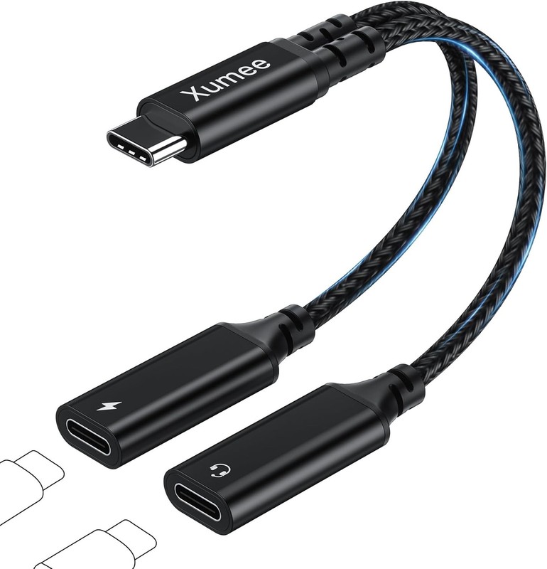 Xumee USB C Splitter 1 in 2 Out, Dual USB-C Headphones & Charging Adapter, Type