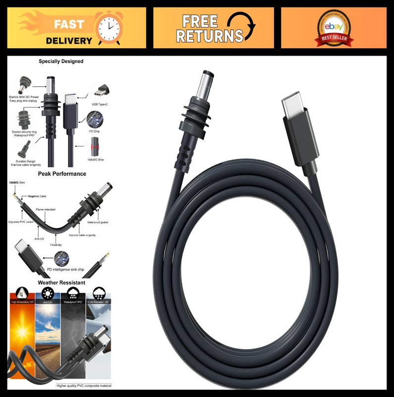 6.5ft USB C to DC Power Cable, Waterproof Type-C to DC Male, 65W PD Compatible