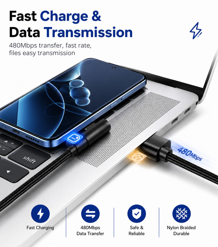 66W USB C Fast Charging Cable 3 Pack 90° Right Angle Braided Type-C Cord gallery