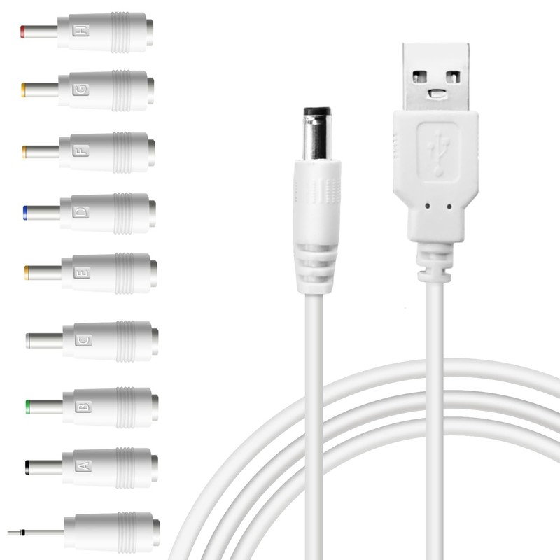 USB to DC 5V Power Cord, Universal DC 5.5x2.1mm Charging Cable with 9 Interch...