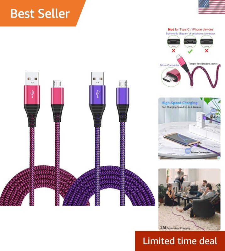 10FT Micro USB Charger Cable Set – Fast Charging, Braided Nylon, for All Devices