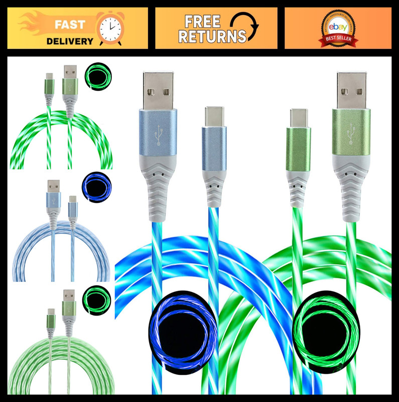 2-Pack 6FT LED USB C Cable – Light Up Flowing Fast Charging for Phones & Tablets