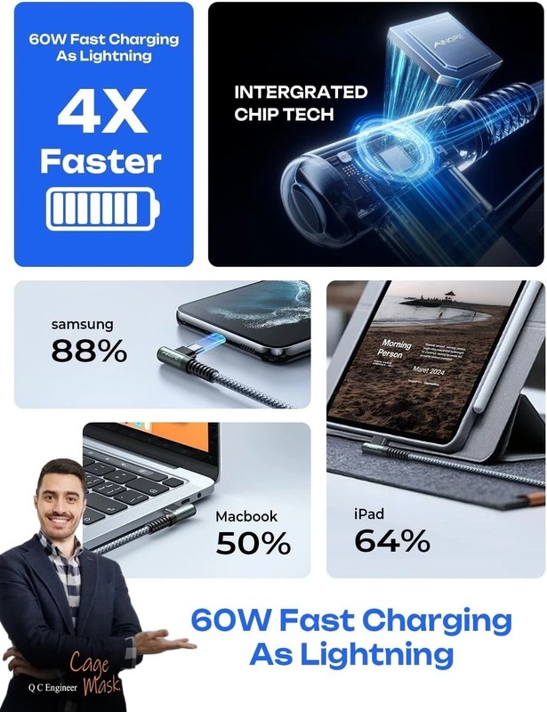 AINOPE USB C Cable to USB C 60W 2-Pack 6.6Ft Nylon Braided Type C Charger Fast C gallery