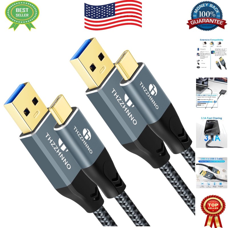 Nylon Braided USB A to C Cable 6.6FT 2-Pack – 10Gbps Speed & 3A Charging