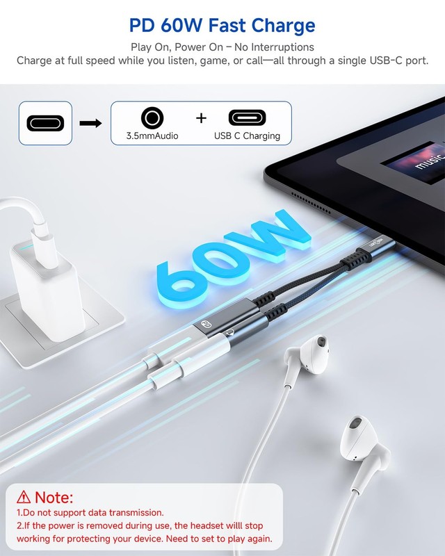 2-in-1 USB-C to 3.5mm Headphone and Charger Adapter Splitter Type-C Aux Hub gallery