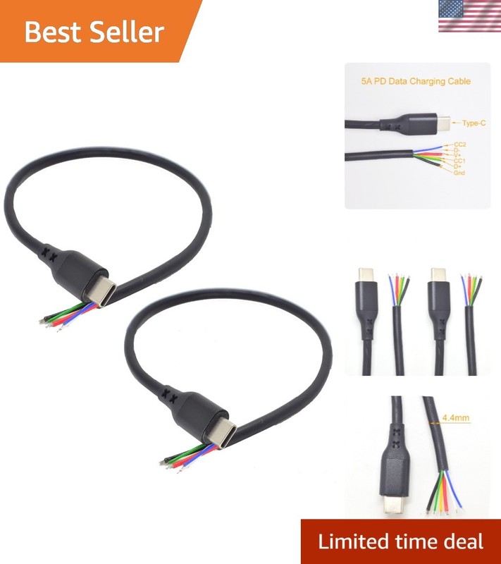 USB C Male 5A Power Cable - 2 Pack of 1FT DIY 6 Pin Pigtails for Versatile Use