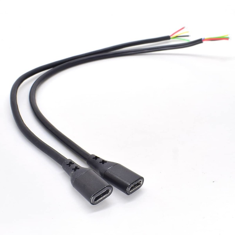 2pcs 1ft USB C Pigtail Cable 5 Wire Female Type-C Jack 5A 20AWG Power