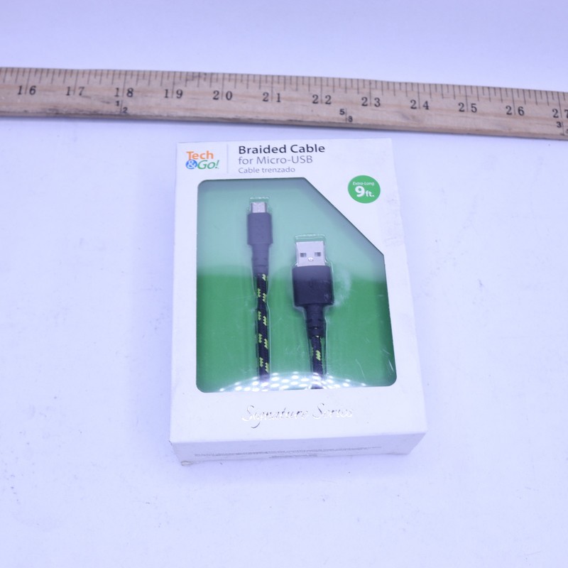 Tech & Go Braided Micro-USB Charging Cable Black/Green 9ft 131 1237 TG3