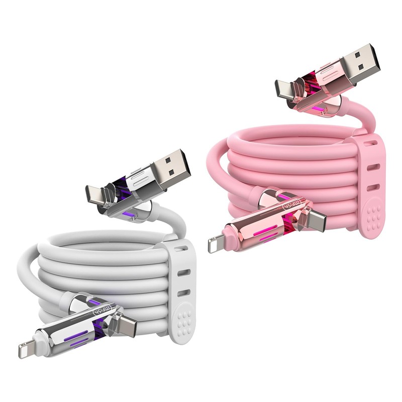 MFish 2-Pack 240W 4-in-1 Multi Charging Cable with 6.6FT, Pink+White