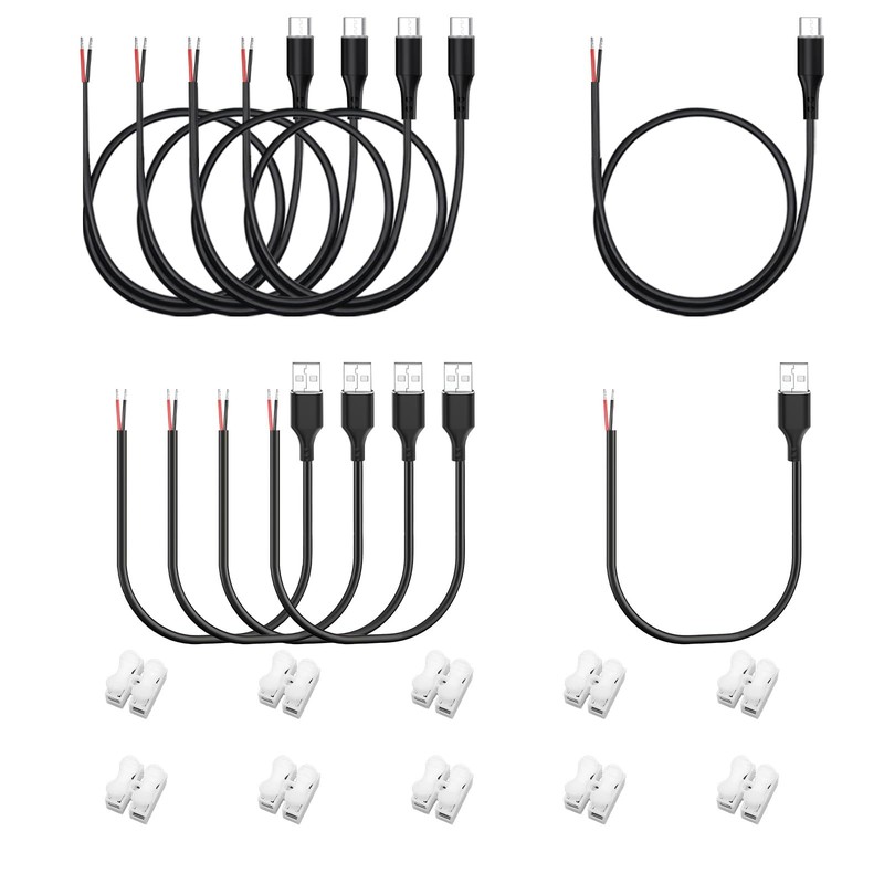 10 PCS USB A, USB C to 2-Pin Bare Wire Pigtail Cable Kit, 12V 3A, 5V 3A, DIY