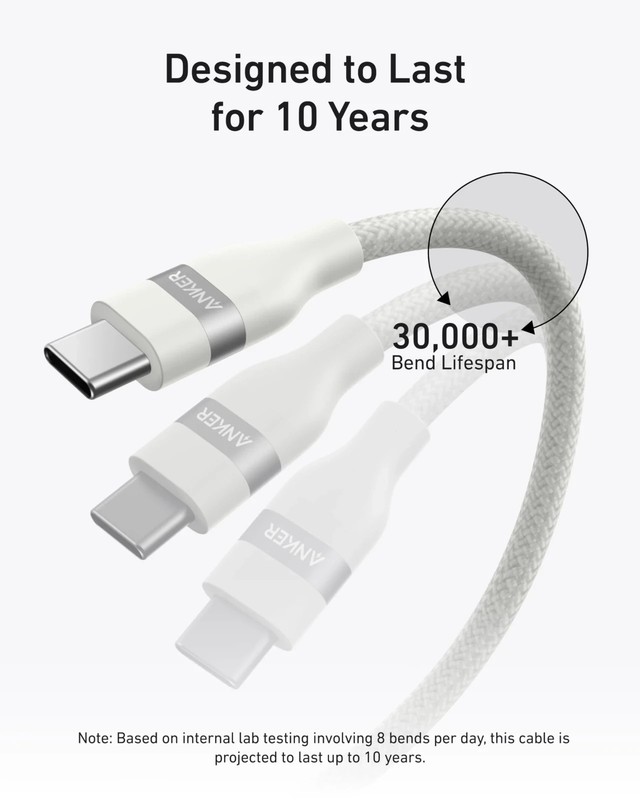 Anker A82E2 USB-C to USB-C Cable Shell White (6ft, 240W, Upcycled-Braided) gallery