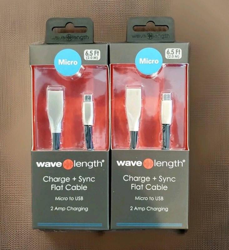 Lot Of 2 Wave Length Micro To USB Charge & Sync Flat Cable 2 Amp Charging 6.5ft 