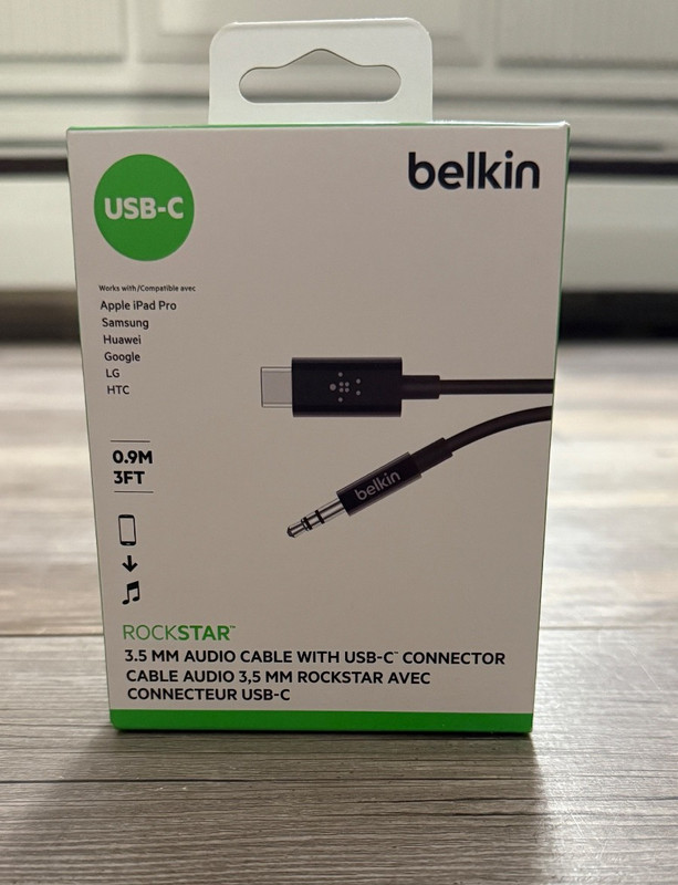 NEW Belkin RockStar 3.5mm Audio Cable With USB-C Connector 3ft
