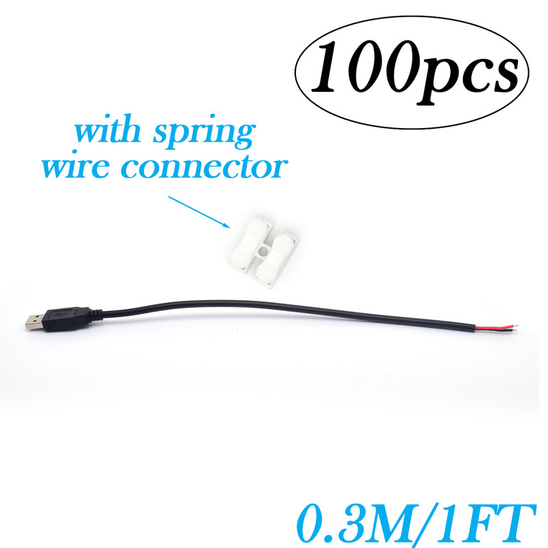 100x USB2.0 Male Pigtail Cable 18AWG 0.3M/1FT 5V7A 2-Pin Bare Wire DIY Connector