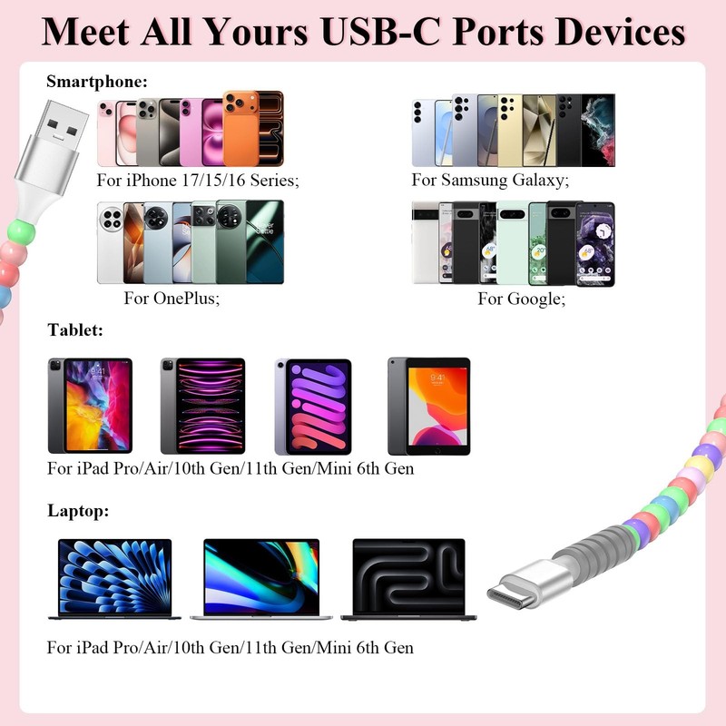 Beaded Phone Charger Cable 6ft USB A to C Colorful 2m/6ft, Multicolored gallery