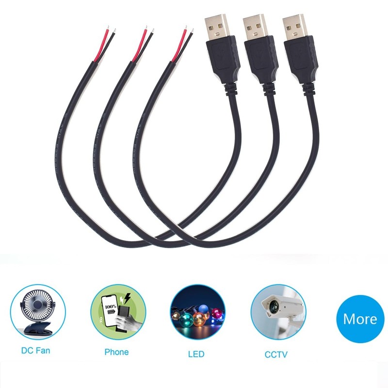 USB A Male Pigtail 2 Pin Bare Wire Power Extension Cable 5V 5A 1FT 3 PCS gallery