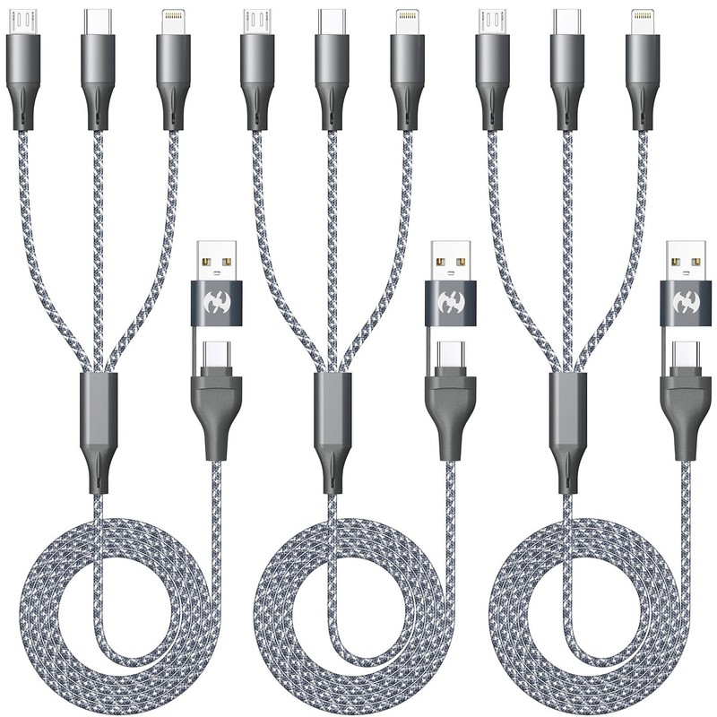 3-Pack 3-in-1 Multi Charging Cable 4ft Nylon Braided for iPhone Android USB