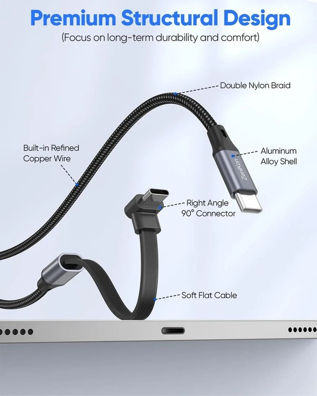 90 Degree USB C Cable 1FT, Right Angle USB C Cable Flat 60W Fast Charging Nyl... gallery