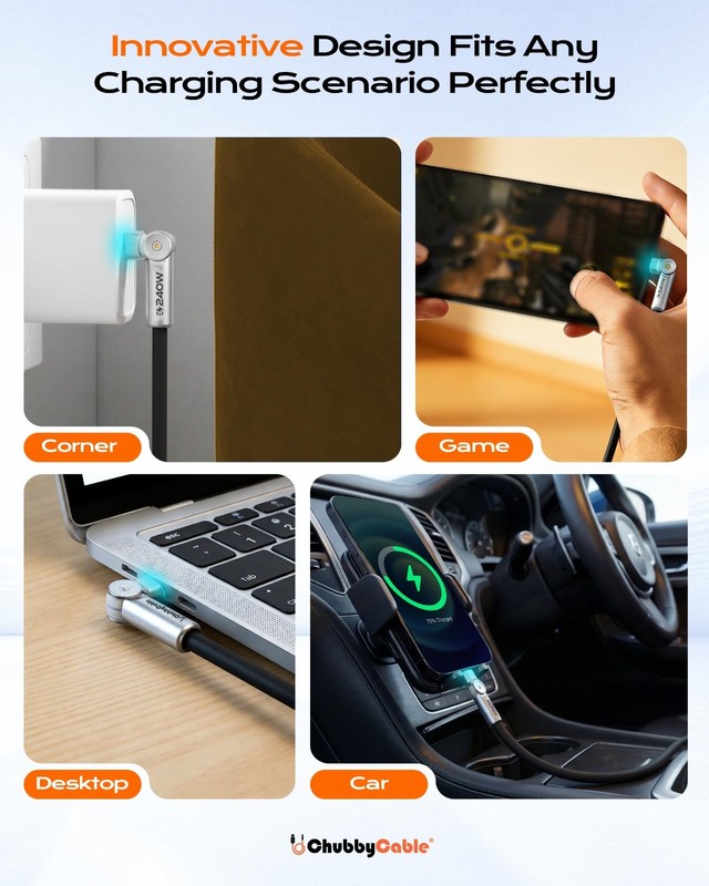 240W Dual 180° Rotating Fast Charging Cable, LED Light, Soft Silicone, 6.6ft, Du gallery
