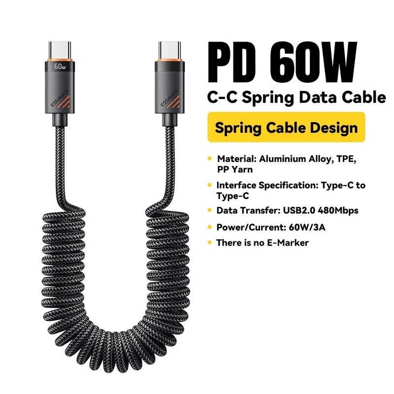 100W USB-C to USB-C Car Charger Cable Coiled Spring Fast Charging PD Type-C ¢ gallery