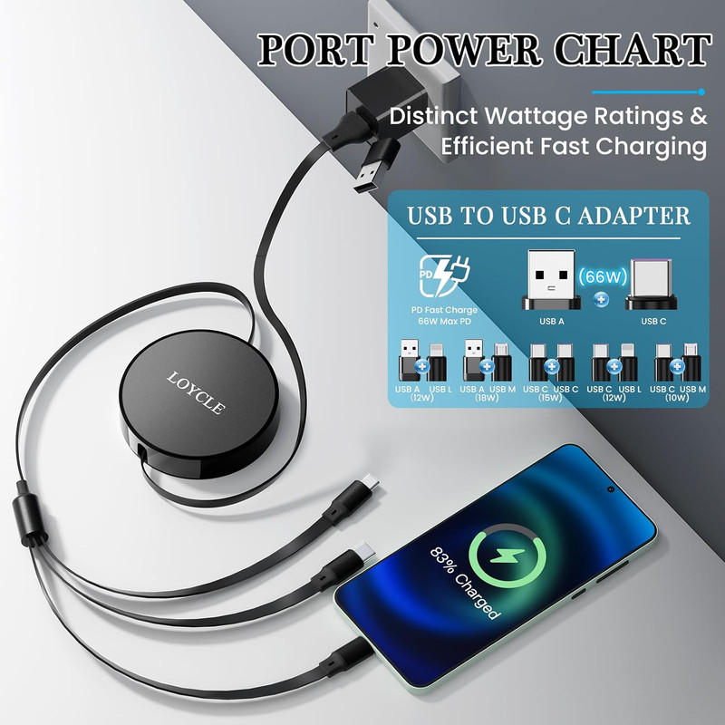 6 in 1 Multi Charger Cable Retractable USB C Cable 1.1M Fast Charging – up to 66 gallery