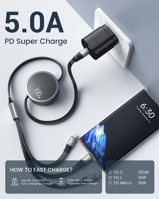 2025 Upgraded 100W Multi Charging Cable, Retractable USB C 3 in 1 Charging Ca... gallery