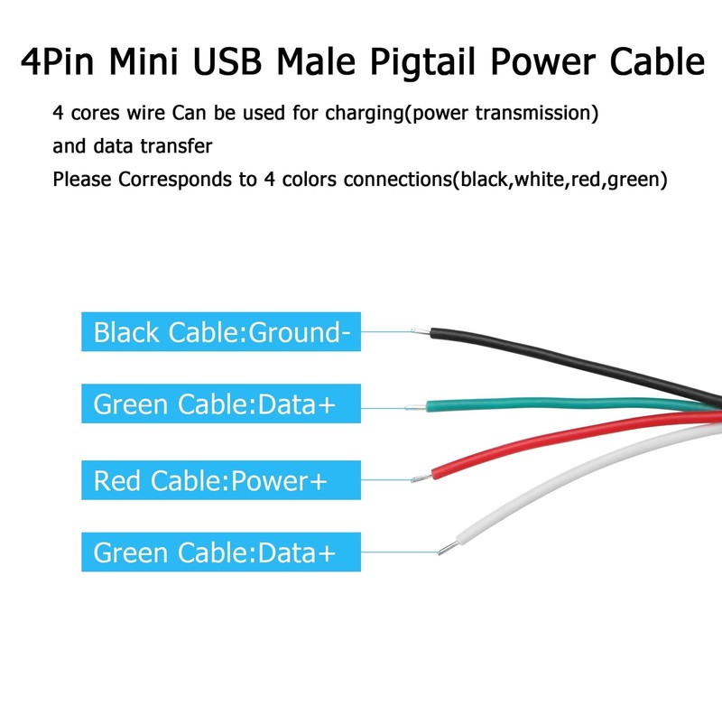 Mini USB Male Pigtail Power Cable, 1M, 3.3FT, 5V 2A, 4 Pin Open End, DIY Repair gallery