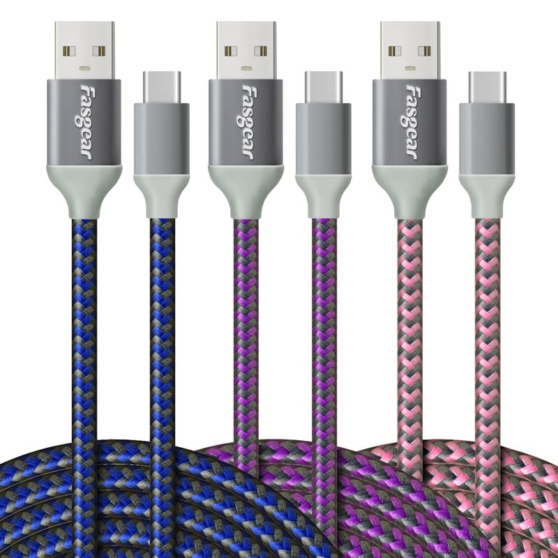 3 Pack 10ft Long USB C to A Cables 3A Fast Charging Cord Blue Purple Pink