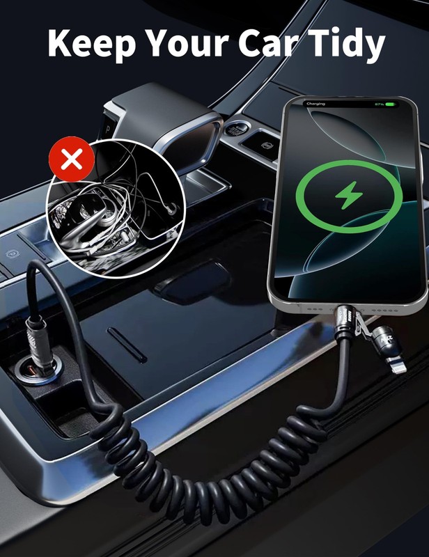 240W 4-in-1 Retractable Coiled Charging Cable[MFi Certified], Zinc Alloy Fast... gallery