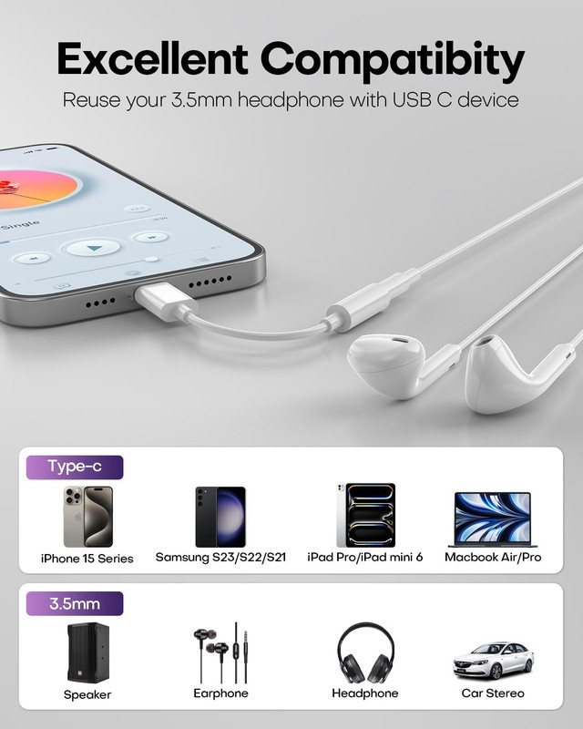 USB C to 3.5Mm Audio Headphone Jack Adapter (2Pack), Aux to USB C Dongle Cord Ca gallery