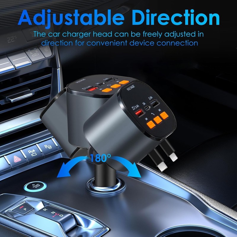 Retractable Car Charger,5 in 1 Fast Cars Phone Charger Small, Black gallery