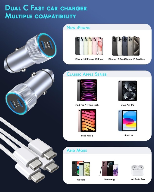 iPhone 17 Car Charger 2 Pack Dual Port USB C Fast Charging Power Supply Cord gallery