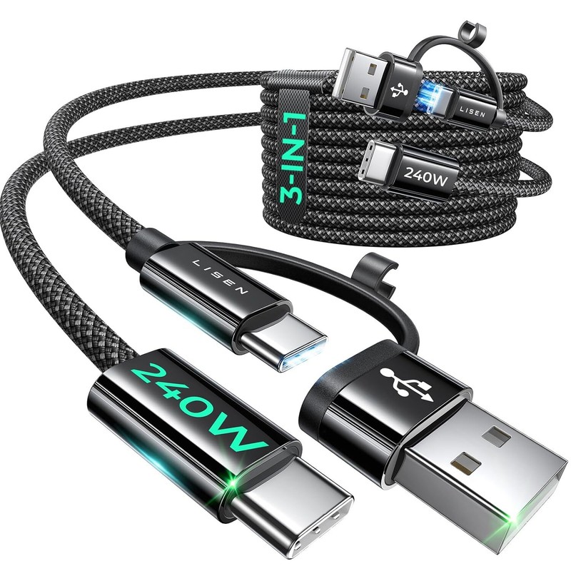 2 PK 3 in 1 USB Charging Cable – MAX 240W Fast Charging with USB A+Type C 6.6ft