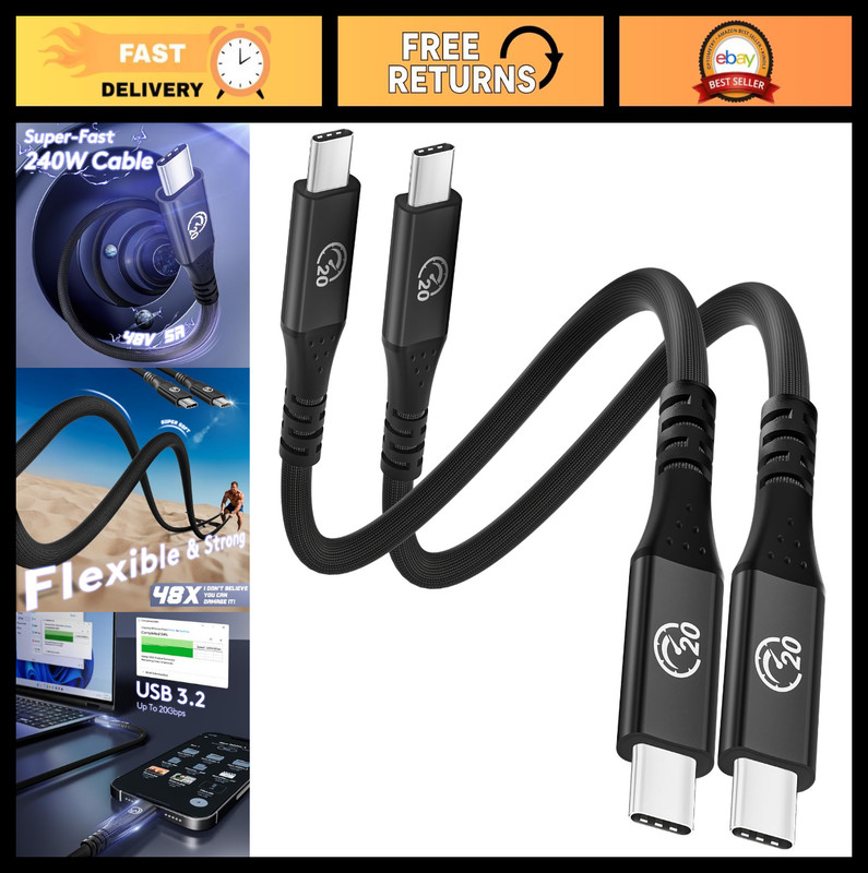 Flexible USB C to USB C 3.2 Gen 2×2 Cable 1FT 2Pack, 20Gbps High Speed Data Tran