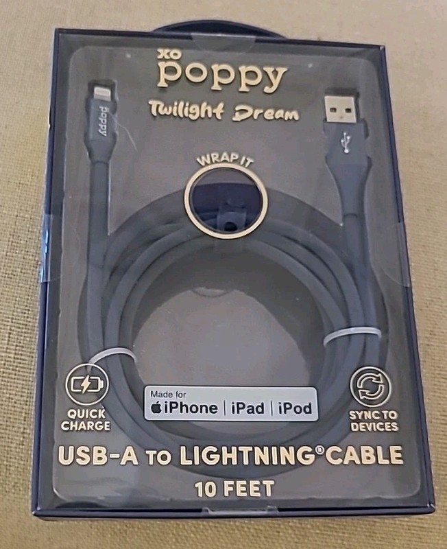 XO Poppy Twilight Dream USB-A iPhone iPad iPod Fast Charging Cable 10 Feet NIB