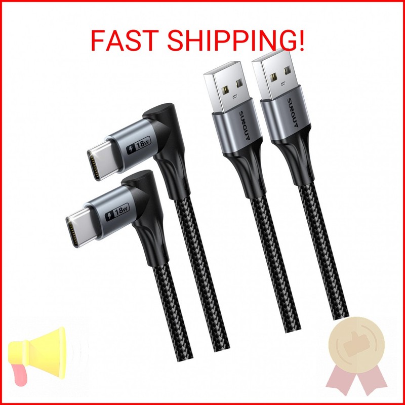 SUNGUY Right Angle USB C Cable, [2-Pack, 1FT] Short 90 Degree USB-A to USB-C Fas