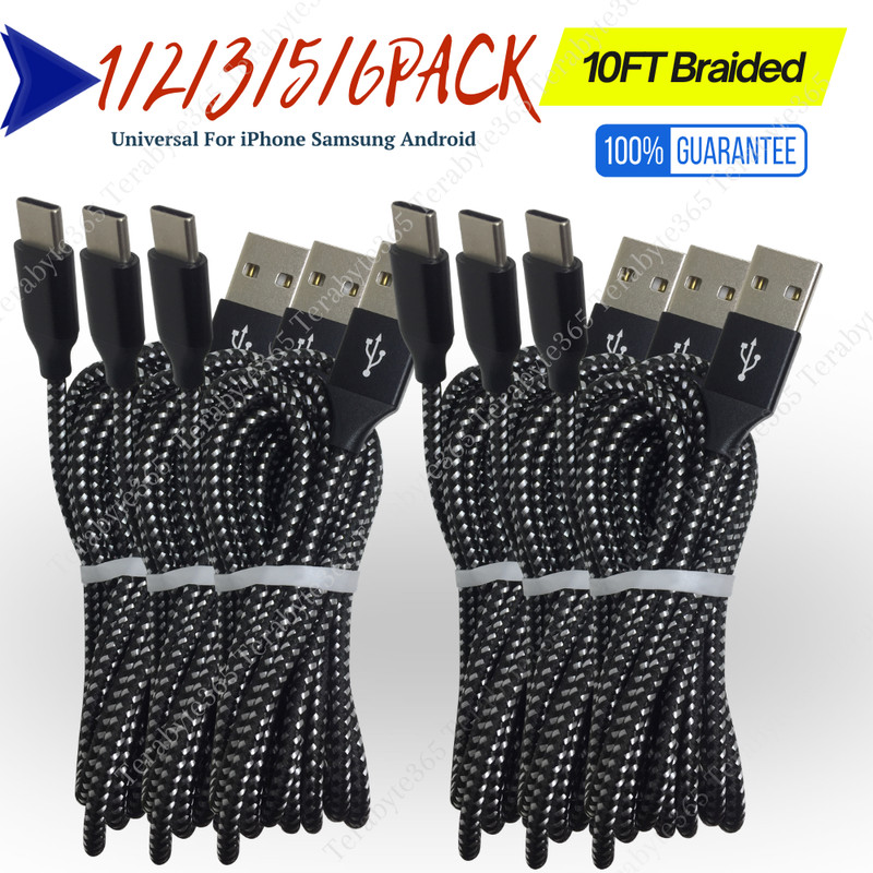 1-6 Pack Braided USB Type-C Fast Charging Data SYNC Charger Cable Cord 10FT Lot