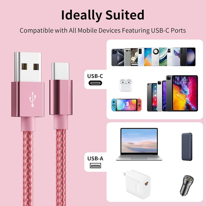 5-Pack Nylon Braided USB C Cable Set - Fast Charging & Data Transfer, 3-10FT gallery